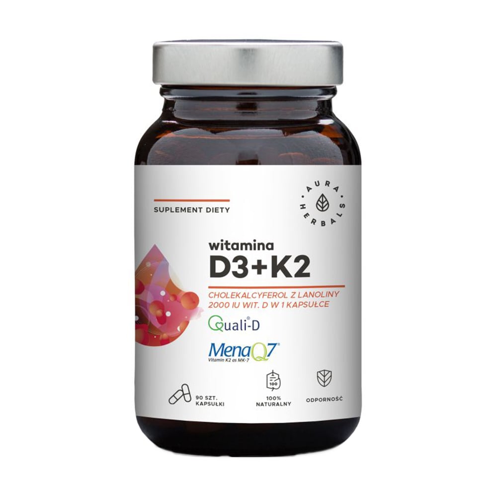 Вітамін Д3 та K2 Aura Herbals Vitamin D3 2000 МО + K2 100 мкг, 90 капсул